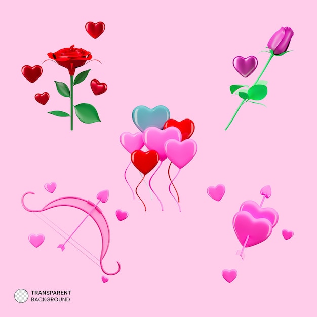 PSD ilustração de renderização 3d do ícone do conjunto de elementos do dia dos namorados