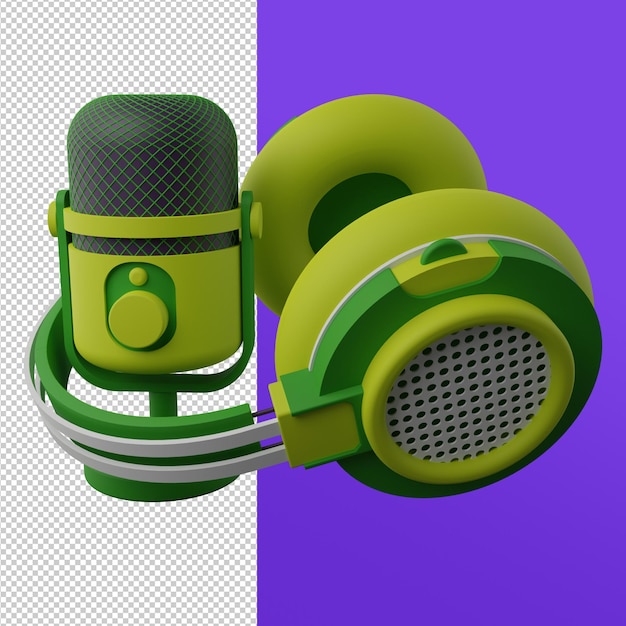 Ilustração de renderização em 3D da ferramenta de podcast de fone de ouvido com microfone