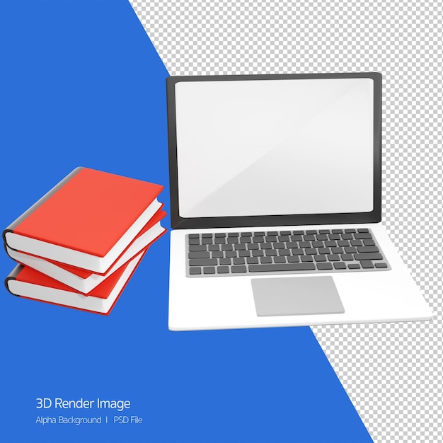 PSD ilustração de renderização em 3d de laptop em branco próximo com pilha de livro aprendizagem de pesquisa de conceito de educação