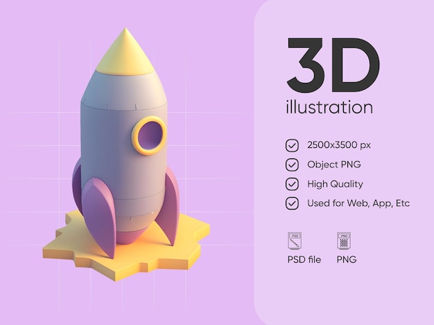Ilustração de renderização PSD 3D de foguete espacial isolado