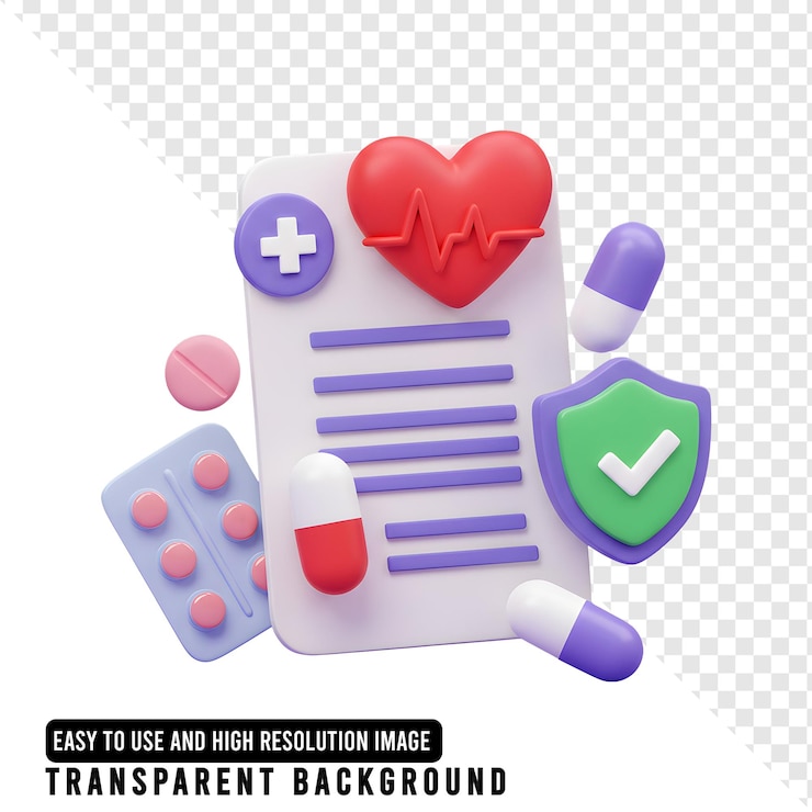 PSD ilustração de seguro médico e cuidados de saúde com coração e comprimidos