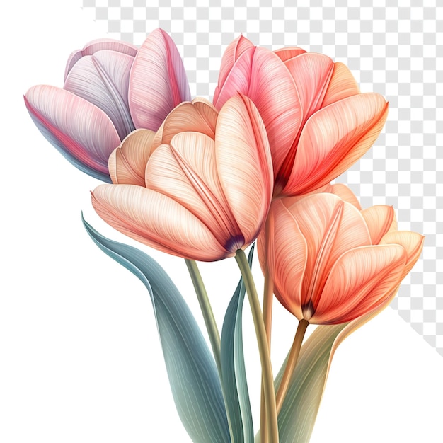 PSD ilustração de tulipas de primavera com características claras em fundo transparente