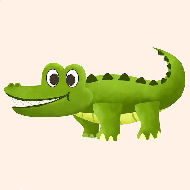 Ilustração de um crocodilo verde sorrindo amplamente com seus dentes afiados em estilo aquarela