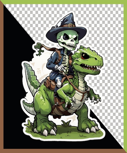 PSD ilustração de um dinossauro verde montado em um esqueleto bonito de halloween