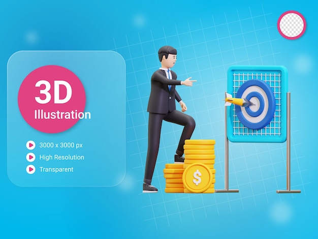 Ilustração de um empresário 3D com uma meta de lucro