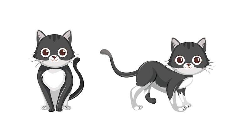 PSD ilustração de um gato preto engraçado sentado e andando isolado em fundo branco