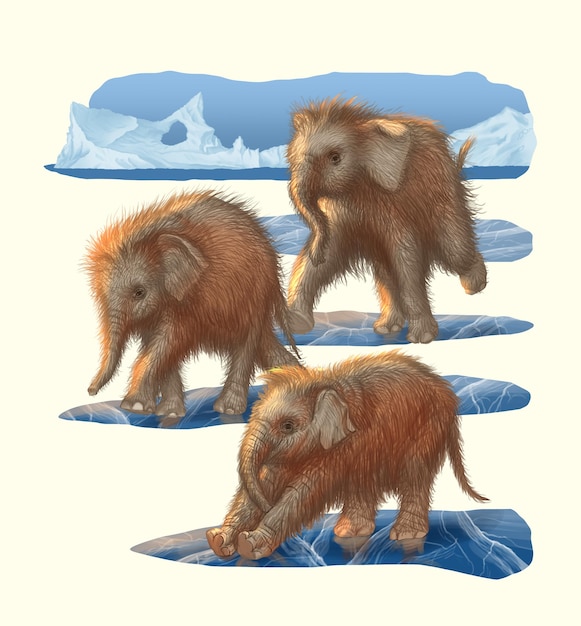 PSD ilustração de um mamute lanoso em um período glacial de gelo de lã de mamute iceberg