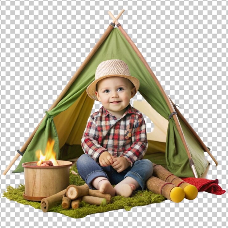 PSD ilustração de um menino bonito sentado dentro de uma tenda lendo um livro