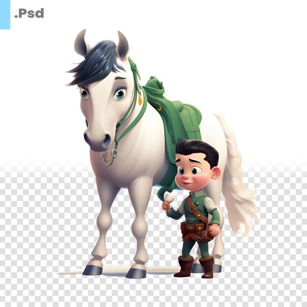 PSD ilustração de um menino e um cavalo em um modelo psd de fundo branco