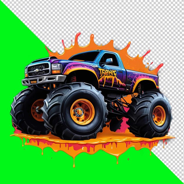 Ilustração de um monster truck colorido parado sobre tinta pingando