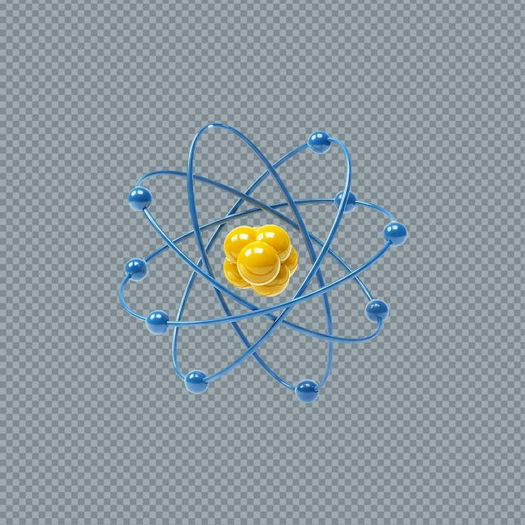 PSD ilustração de um núcleo amarelo com órbitas e esferas azuis em fundo transparente png