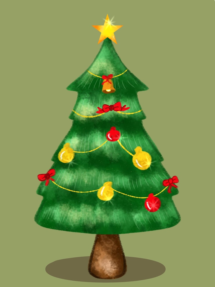 PSD ilustração de uma árvore de natal decorada com luzes redondas e fitas douradas brilhantes