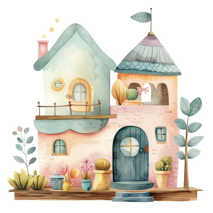 PSD ilustração de uma casa encantadora e caprichosa com uma varanda aconchegante e elementos de jardim coloridos