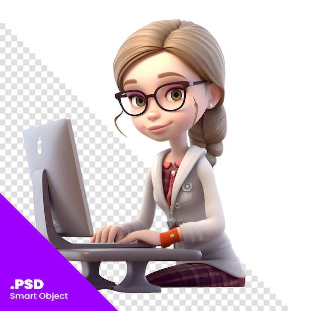 Ilustração de uma empresária fofa usando um computador isolado em um modelo psd de fundo branco