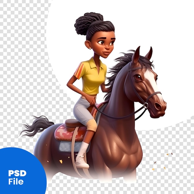 PSD ilustração de uma linda garota afro-americana montando um modelo psd de cavalo