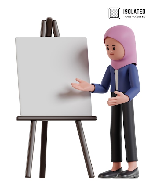 PSD ilustração de uma mulher de negócios de desenho animado com hijab apresentação com quadro branco