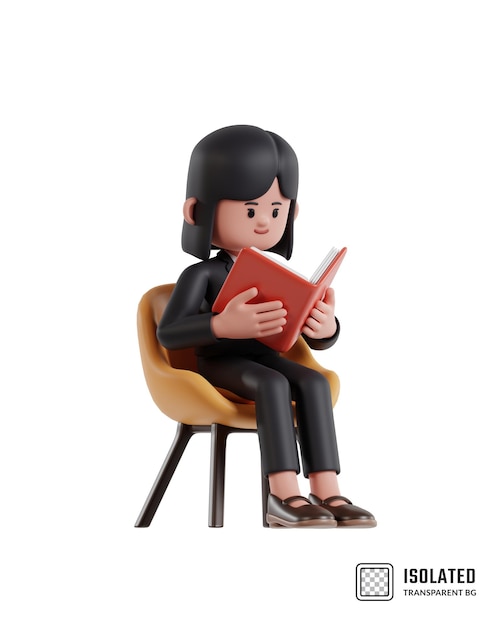 Ilustração de uma mulher de negócios de desenho animado sentada em uma cadeira e lendo um livro