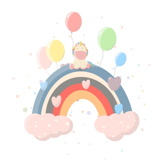 Ilustração de unicórnio de aniversário bonito e minimalista com nuvens arco-íris e balões