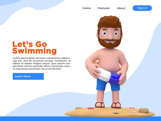 PSD ilustração de verão de renderização 3d de um menino carregando um anel de natação na praia