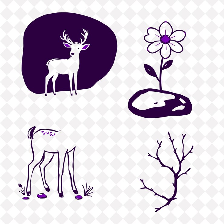 PSD ilustração deer flower stone twig um cervo parado flores crescendo suavemente pedras espalhando aro