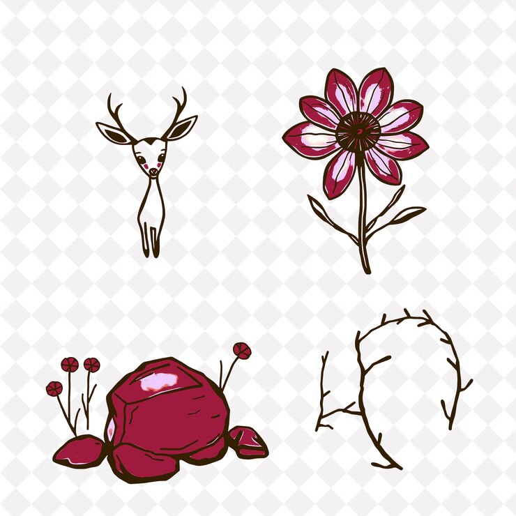 PSD ilustração deer flower stone twig um cervo parado flores crescendo suavemente pedras espalhando aro