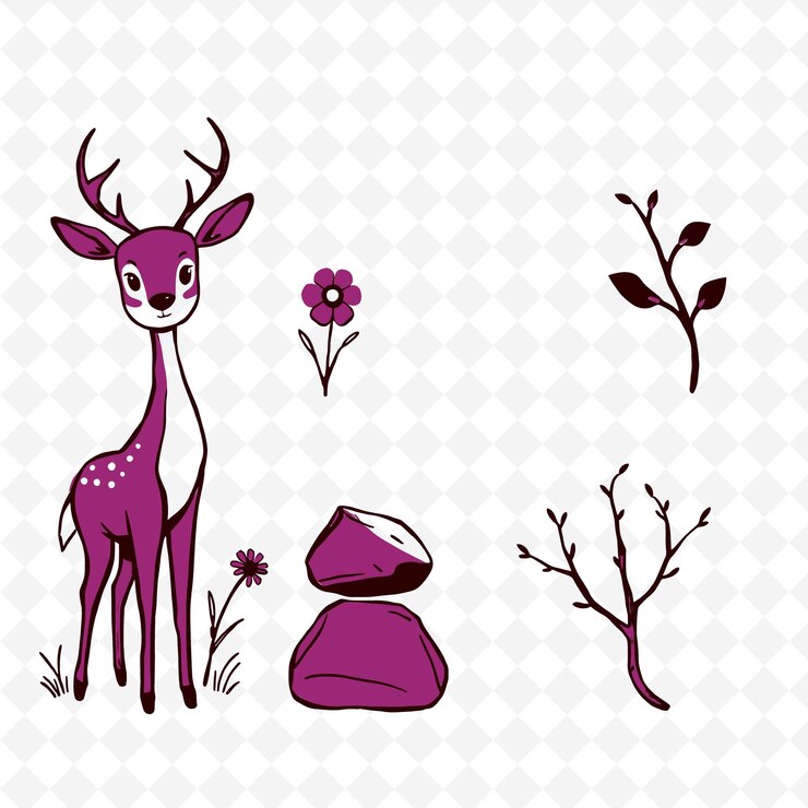 PSD ilustração deer flower stone twig um cervo parado flores gro coloração criativa natureza setw