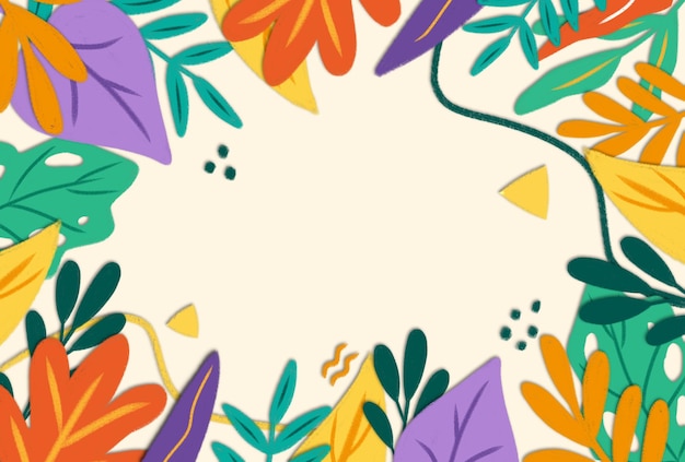 Ilustração desenhada à mão de fundo tropical com folhas bonitas e coloridas