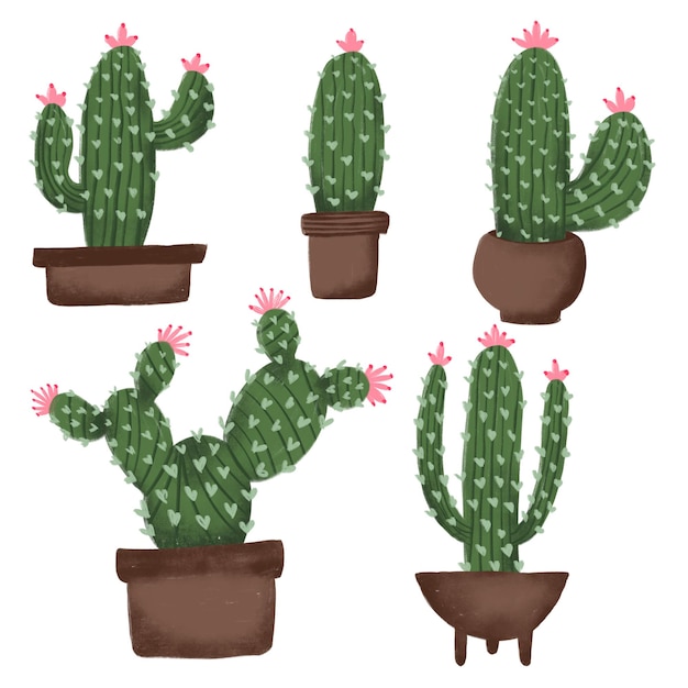 Ilustração desenhada à mão de várias plantas de cactus em vasos