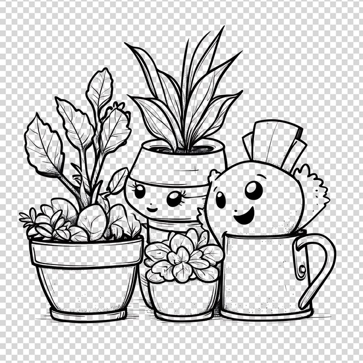 PSD ilustração desenhada à mão de várias plantas em vaso