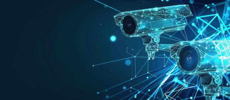 PSD ilustração digital abstrata de uma câmera de vigilância com linhas e pontos em azul