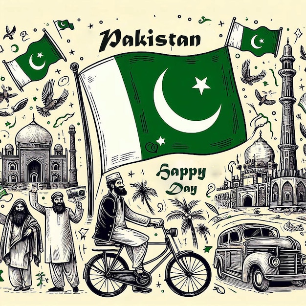 Ilustração do dia do paquistão com bandeira e monumento do minarepakistão