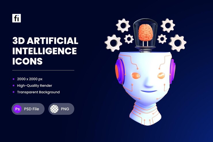 PSD ilustração do ícone 3d do robô do cérebro da inteligência artificial