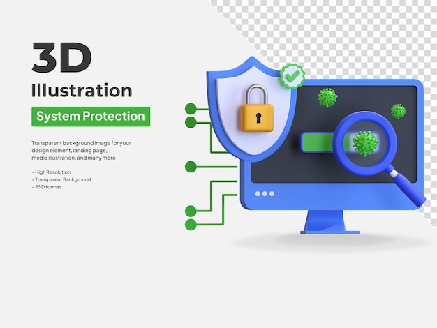 PSD ilustração do ícone 3d do sistema de proteção contra vírus de computador