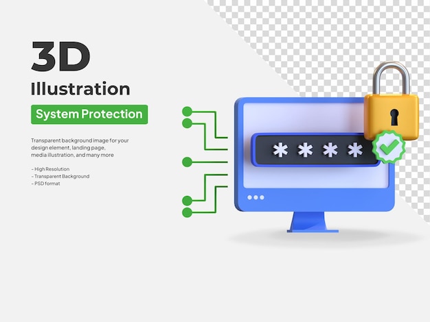 PSD ilustração do ícone 3d do sistema de proteção de bloqueio de senha do computador