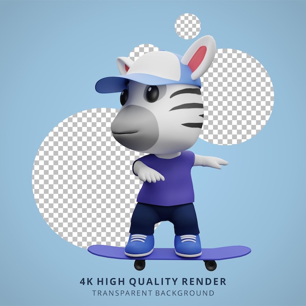 Ilustração do mascote personagem 3d bonito do skatista zebra