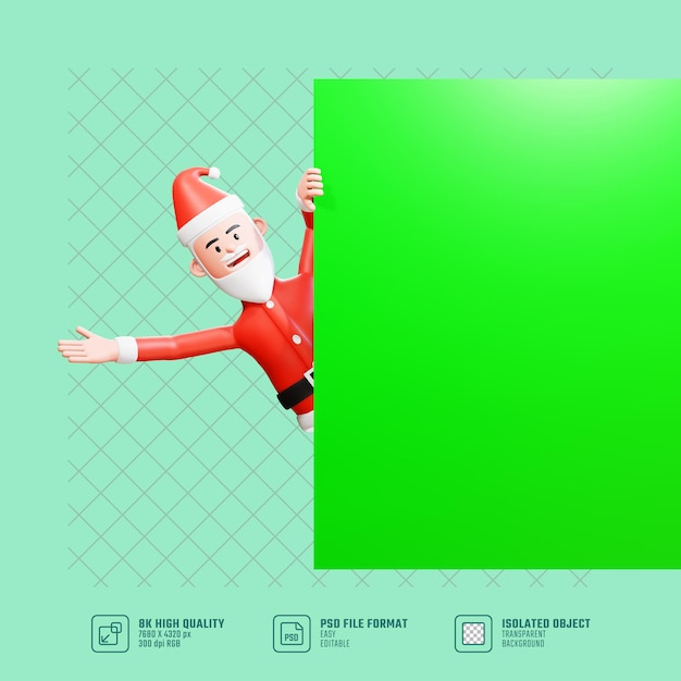 Ilustração do personagem 3d. papai noel espiando, saindo de trás de um banner de tela verde