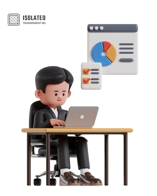 PSD ilustração em 3d de um empresário de desenhos animados trabalhando em um laptop na mesa do escritório