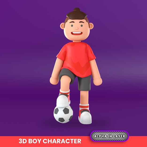 PSD ilustração em 3d de um menino pisando em uma bola