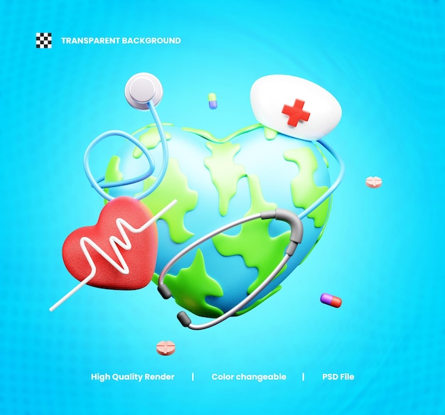 Ilustração em 3D do ícone do Dia Mundial da Saúde ou renderização em 3D da ícone do dia da Saúde.