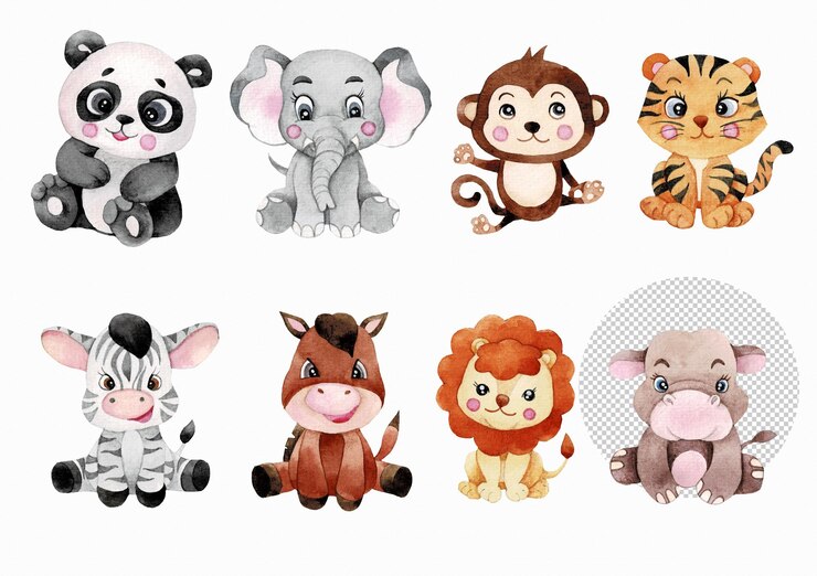 PSD ilustração em aquarela animal dos desenhos animados com elefante panda macaco tigre hipopótamo leão cavalo zebra
