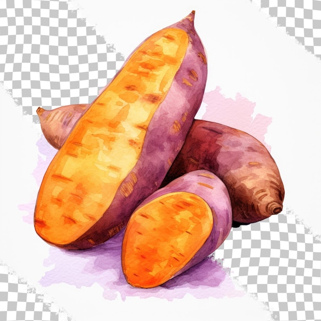 PSD ilustração em aquarela de batatas doces roxas e laranjas isoladas em fundo transparente fundo transparente