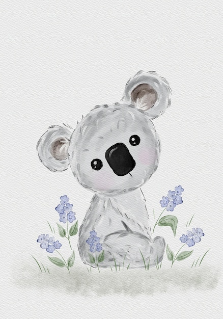Ilustração em aquarela de coala e flores azuis