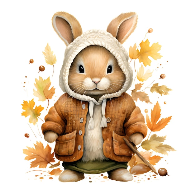 Ilustração em aquarela de um bonito coelho em uma jaqueta quente com folhas de outono