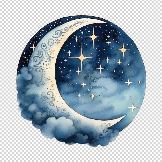 PSD ilustração em aquarela de uma lua com estrelas isoladas no fundo