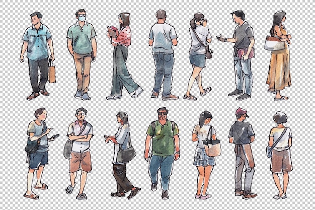 Ilustração em aquarela e tinta de pessoas caminhando por um shopping
