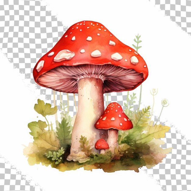 Ilustração em aquarela vermelha de amanita muscaria, um cogumelo tóxico com musgo florestal e folhas isoladas em fundo transparente