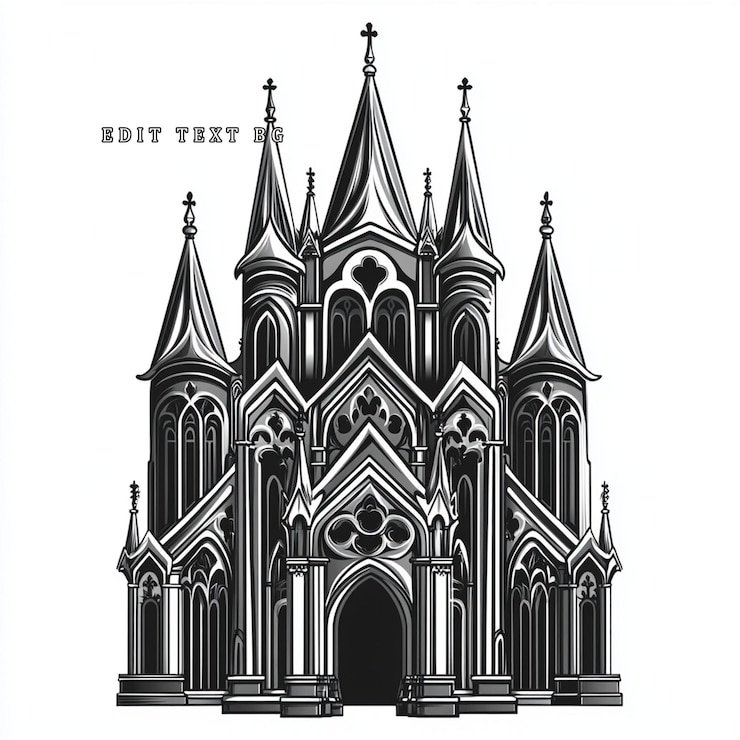 PSD ilustração em escala de cinza da catedral gótica