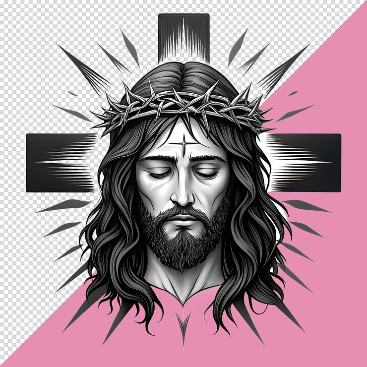 PSD ilustração em preto e branco de jesus em uma cruz desconstruída com desenho geométrico linhas ousadas e simbolismo minimalista