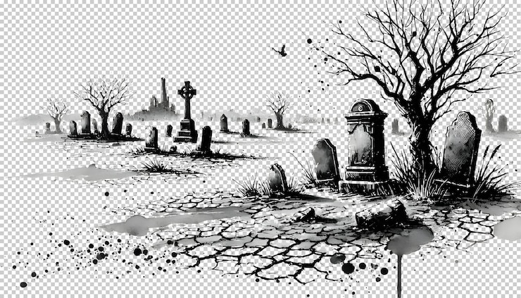 PSD ilustração em preto e branco de um cemitério desolado com uma cruz desgastada e um chão rachado