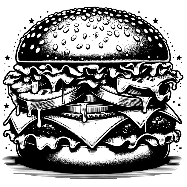 PSD ilustração em preto e branco de um saboroso cheeseburger grelhado